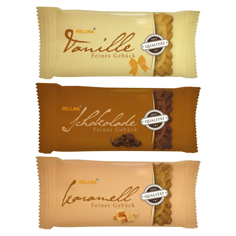 Feines Gebäck 3er Mix: Vanille, Schokolade und Karamell, einzeln verpackt